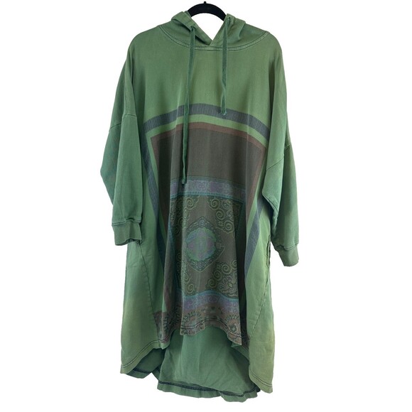 YESNO Long Hooded Sweatshirt Green Ethnic Pattern Drawstring Pullover One Size - Picture 1 of 13